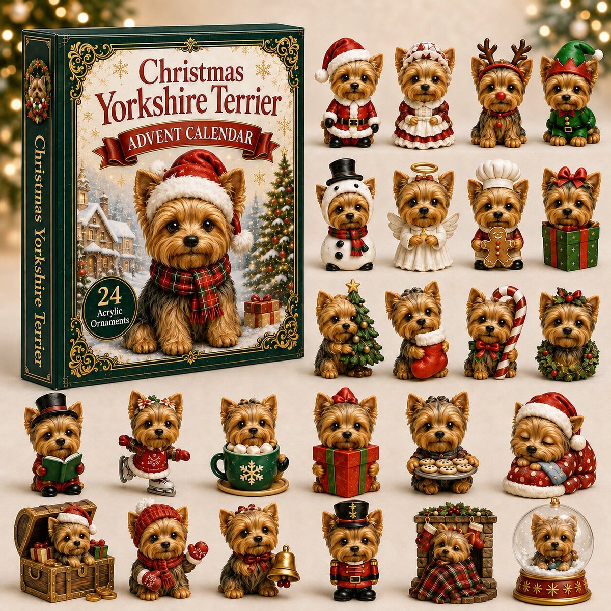 Christmas Yorkshire Terrier Advent Calendar Holiday Hanging Ornaments Gifts For Yorkie Lovers
