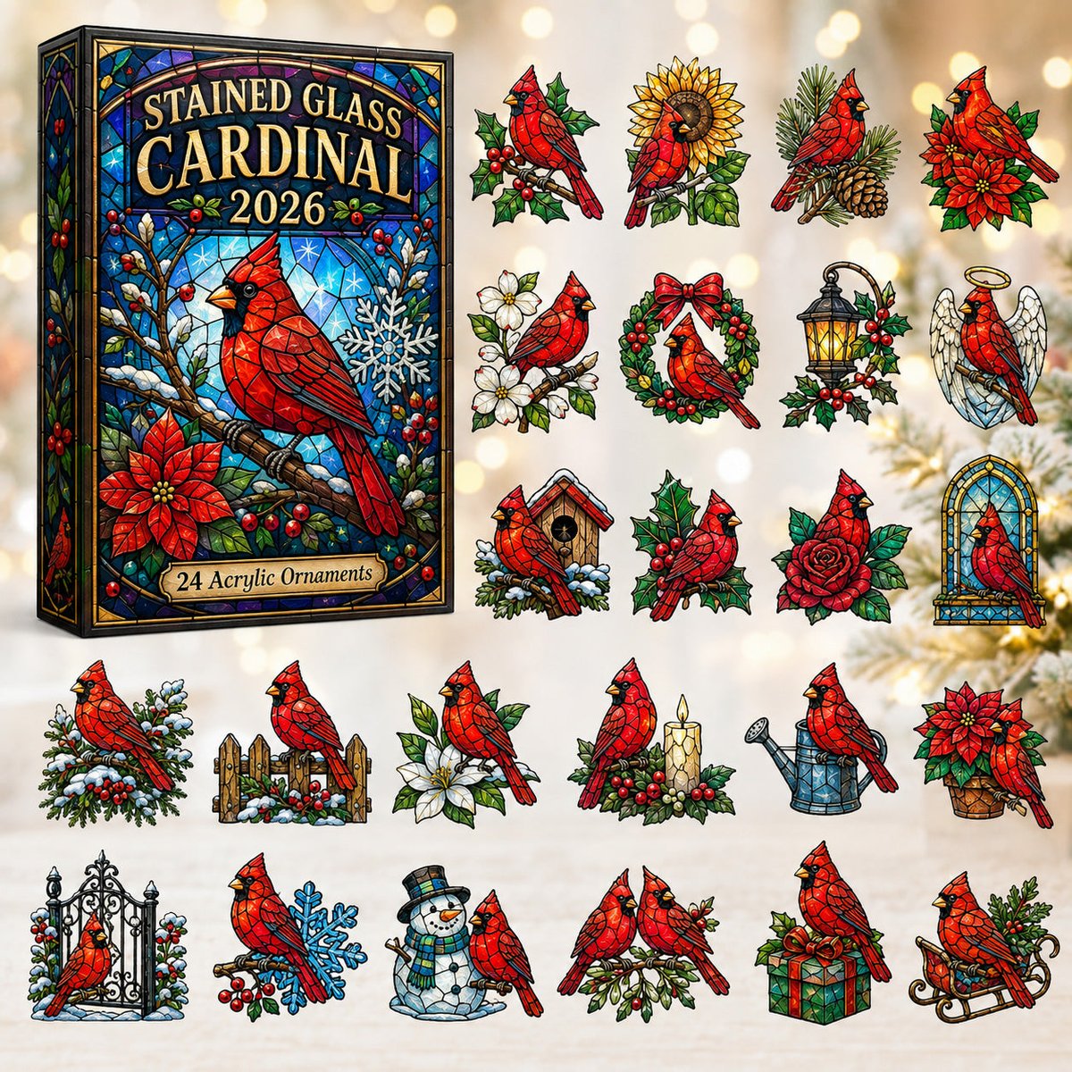 Stained Glass Cardinal Christmas Advent Calendar Festive Counting Down Calendar Xmas Presents