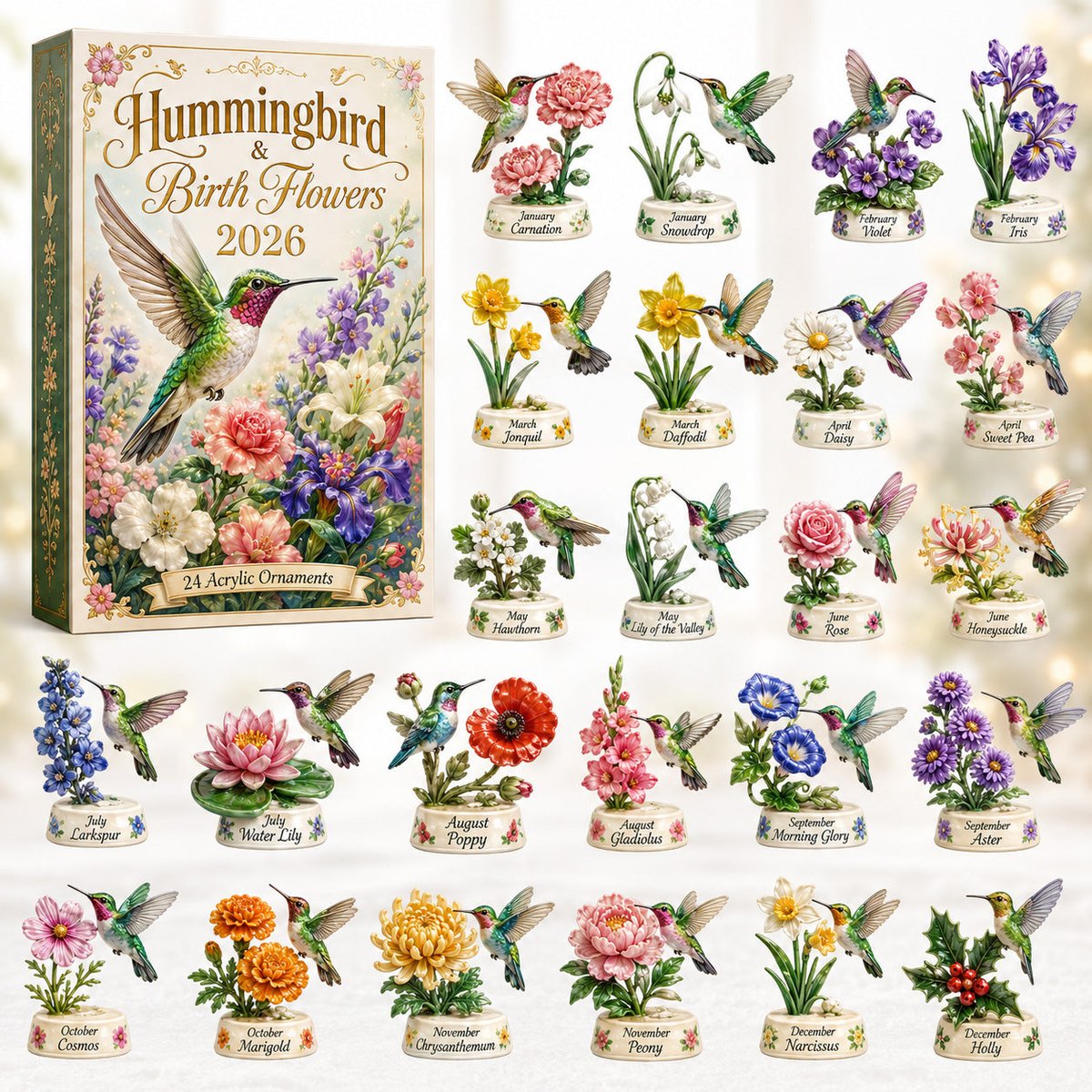 Hummingbird And Birth Flowers Christmas Advent Calendar Holiday Decor Christmas Gifts Ideas