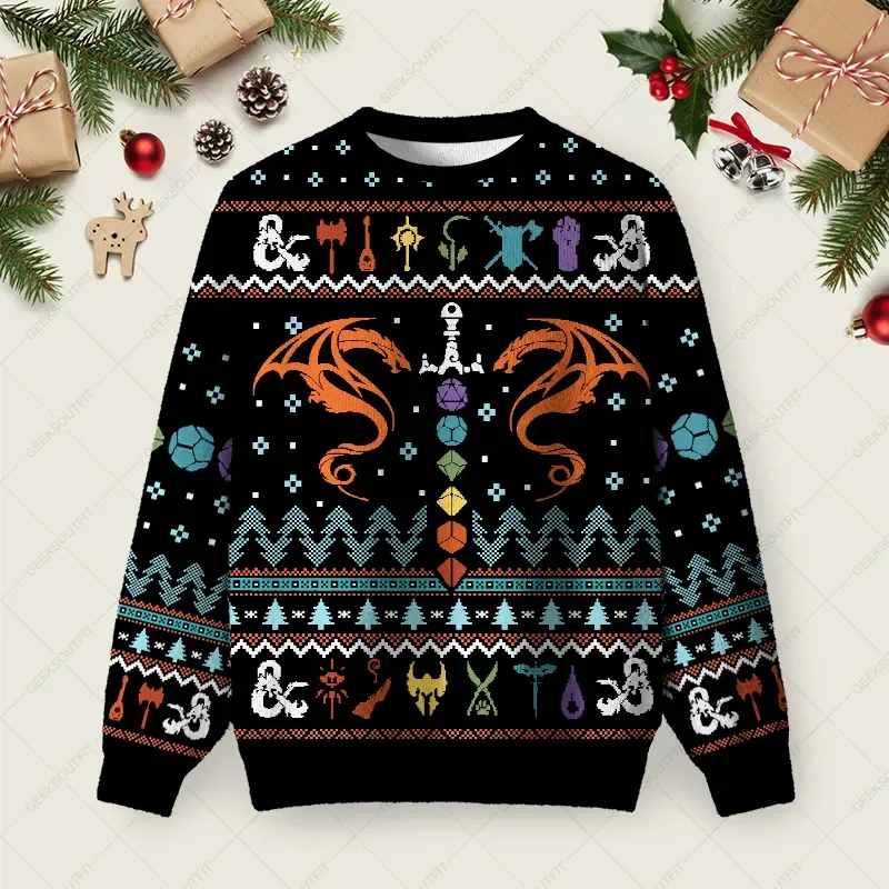 DND Dragon Dice Weapon Black Ugly Christmas Sweater Xmas Merch Christmas Gifts For Dad