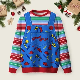 Retro 80s Horror Movie Good Guys Overalls Pattern Ugly Christmas Sweater Xmas Apparel Christmas Gifts For Dad