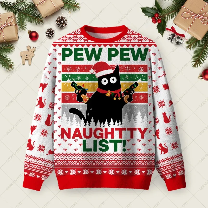 Pew Pew Naughty List Ugly Christmas Sweater Xmas Party Outfit Christmas Gifts For Cat Lovers