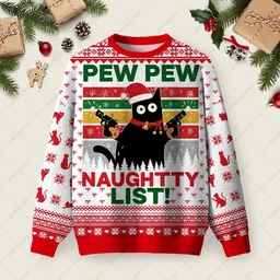 Pew Pew Naughty List Ugly Christmas Sweater Xmas Party Outfit Christmas Gifts For Cat Lovers
