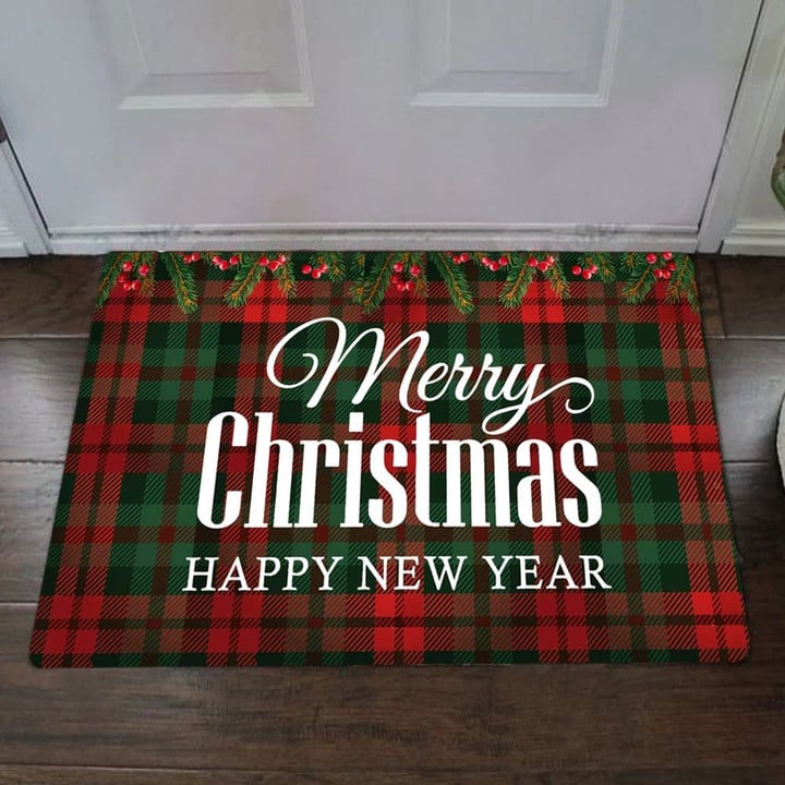Merry Christmas Happy New Year Buffalo Plaid Doormat Holiday Decorative Door Mat Christmas Mat