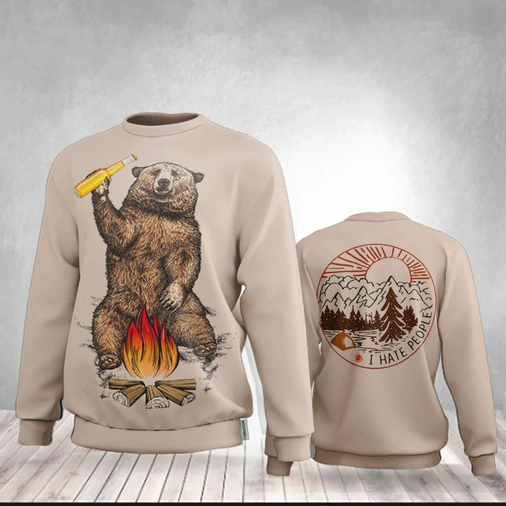Bear With Beer I Hate People Campfire Sweatshirt Outdoor Activities Camping Clothes