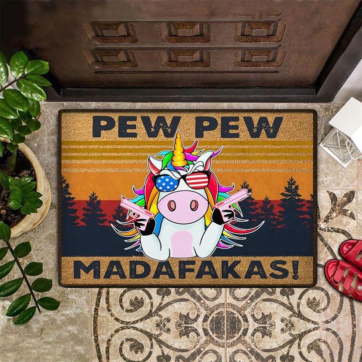 Unicorn With Gun Pew Pew Madafakas Doormat Funny Front Door Mat For Double Doors