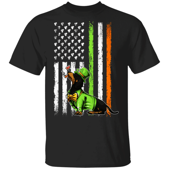 Dachshund Shamrock Ireland USA Flag T-Shirt Saint Patrick Shirts
