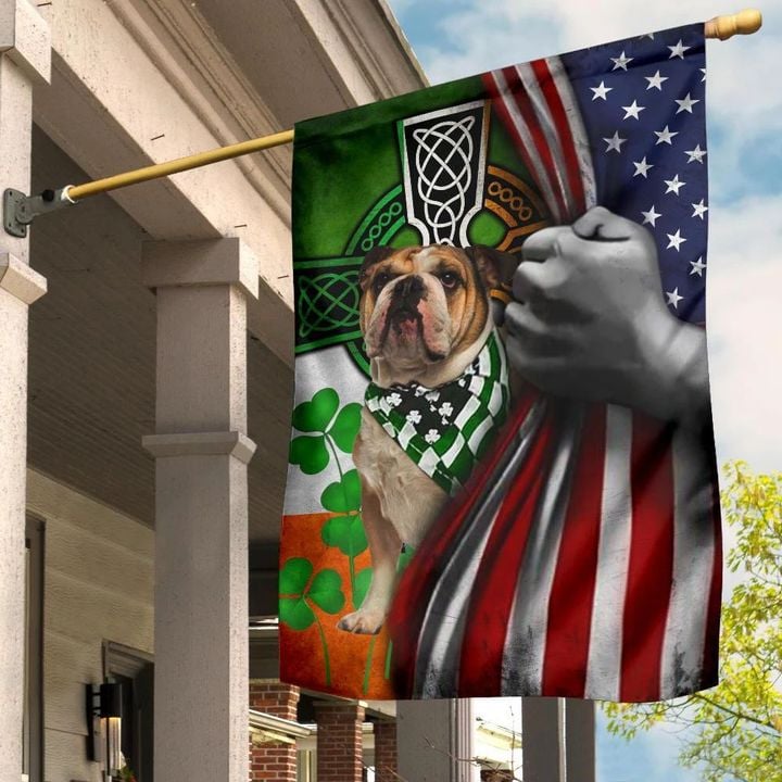 Bulldog Irish Celtic Cross American Flag Shamrock St Patrick's Day Flag Patriotic Dog Lovers