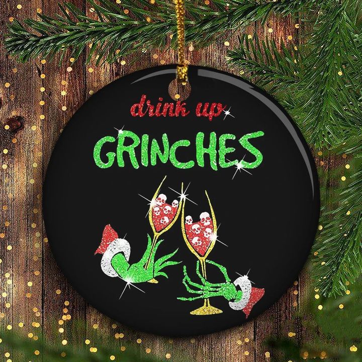 Drink Up Grinches Ornament Red Wine Skulls Posion Ornament Decorated Christmas Tree