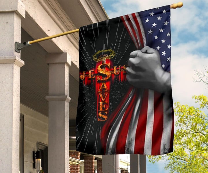 Jesus Saves Cross The Christian Flag Inside American Flag Patriotic Religious Banner Decor