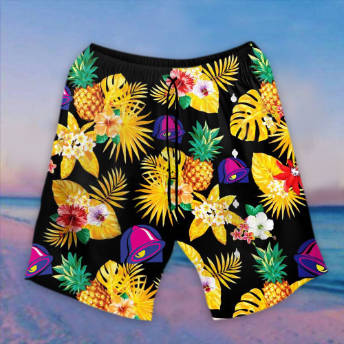 Taco Bell Hawaiian Shorts Swim Trunks Hibiscus Pineapple Tropical Print Beach Shorts Mens