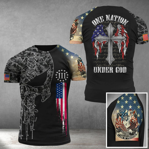One Nation Under God T-Shirt American Flag Christian Cross Shirt Memorial Gift
