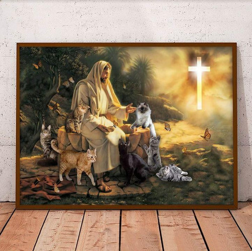 Jesus Surrounded By Cats Poster Cat Lover Jesus Wall Art Christian Home Decor