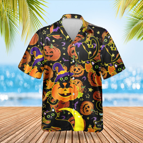 Black Cat With Pumpkin Hawaiian Shirt Funny Halloween Shirt Gifts For Husband