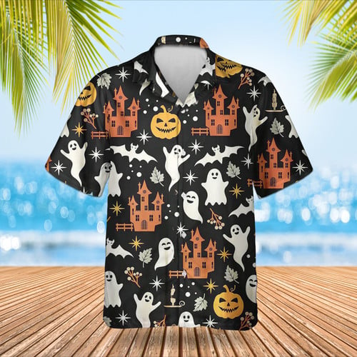 Halloween Pattern Black Hawaiian Shirt 2023 Halloween Short Sleeve Button Up Gifts For Him