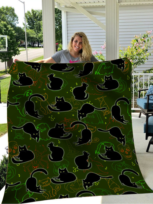 Black Cat In Different Poses On A Background Of Halloween Blanket Horror Themed Blankets