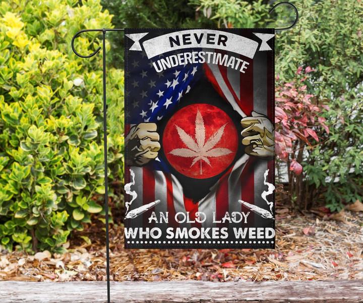 Never Underestimate An Old Lady Who Smokes Weed Flag Cannabis Cool Marijuana Flag