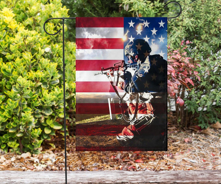 U.S Soldier In Ssault On American Flag Backgound Honoring U.S Military Garden Flag Patriotic