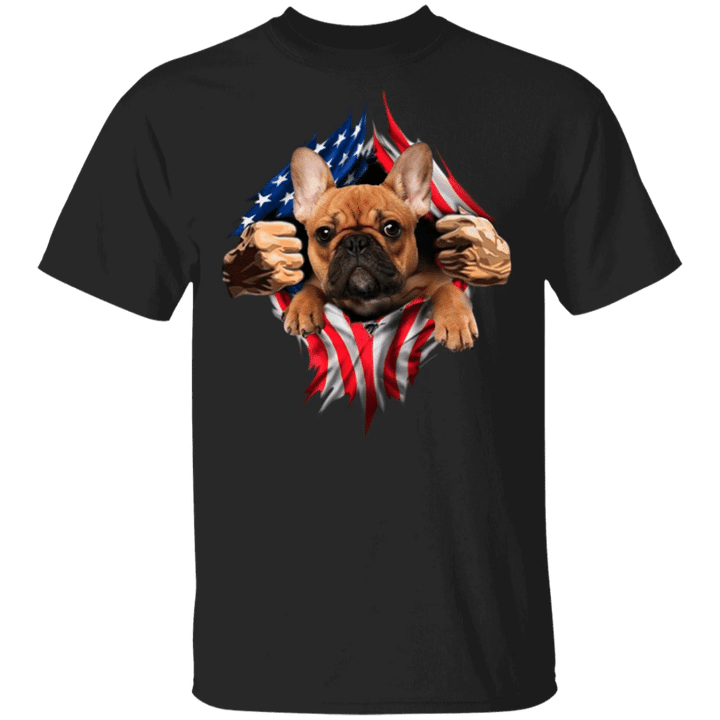 Frenchie Heartbeat Inside American Flag T-Shirt American Pride Cute Fourth Of July Shirts