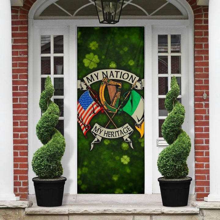My Nation My Heritage Irish Harp American Flag Door Cover Shamrock Irish Decorations For Home