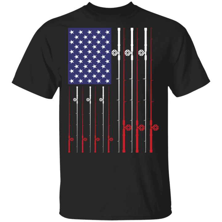 Fishing Rod American Flag T-Shirt Funny Fish Hunting Shirt For Patriot Gift For Fisherman