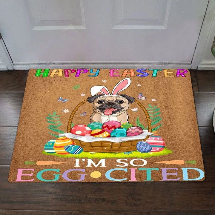Pug Happy Easter I'm So Egg-Cited Doormat Funny Pun Indoor Outdoor Decor Gift For Dog Lovers