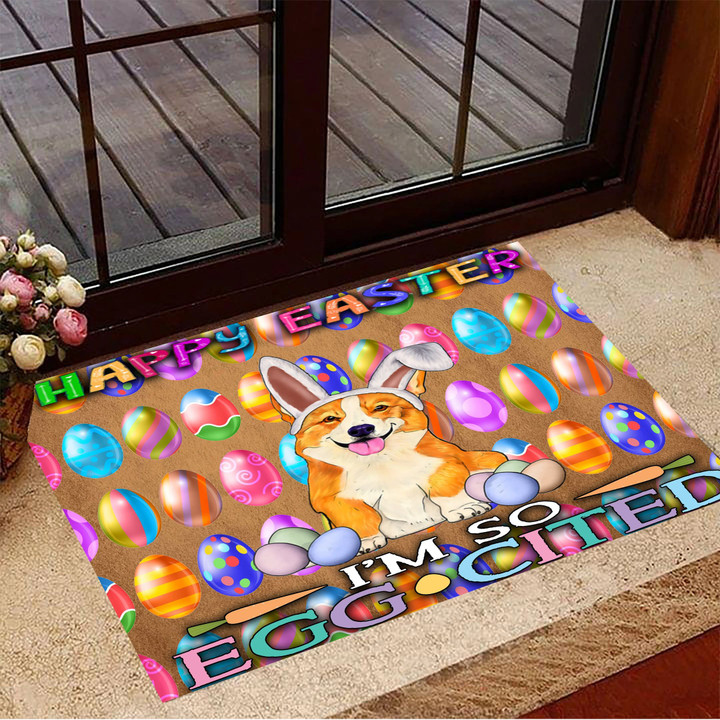 Corgi Happy Easter I'm So Egg-cited Doormat Funny Indoor Outdoor Decor Dog Lovers