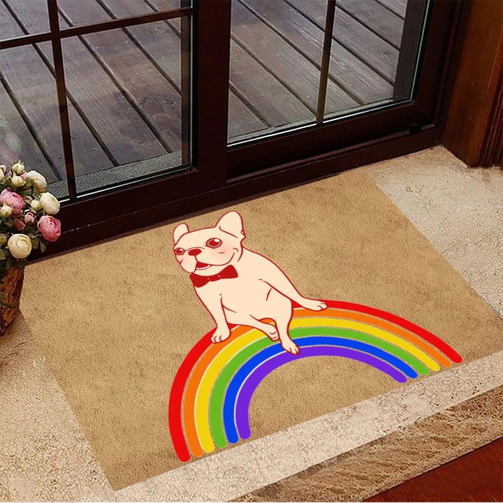 Frenchie Sitting On Rainbow Doormat Pride Month LGBT Merch Decorative Cute Doormat Gift