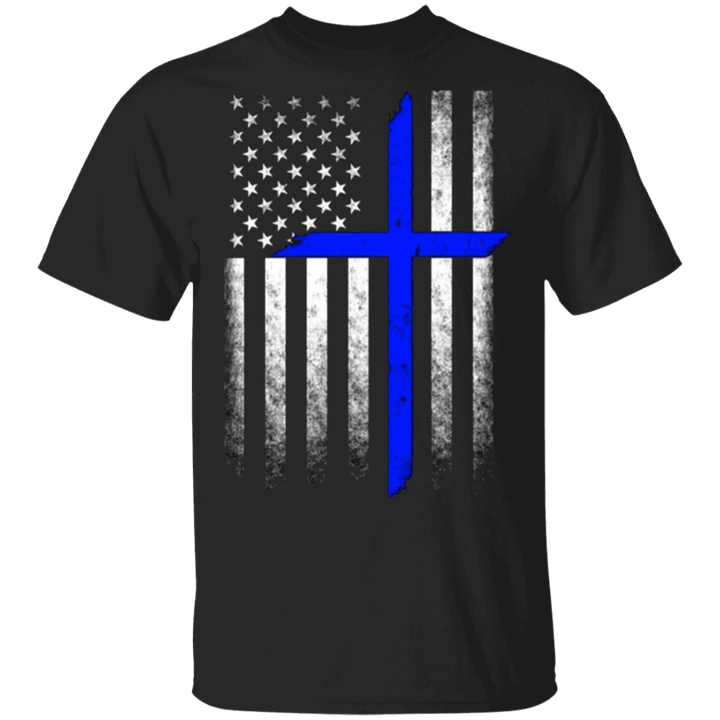 The Thin Blue Line Christian Cross Shirt American Flag Tee For Men Women Best Gifts For Cops