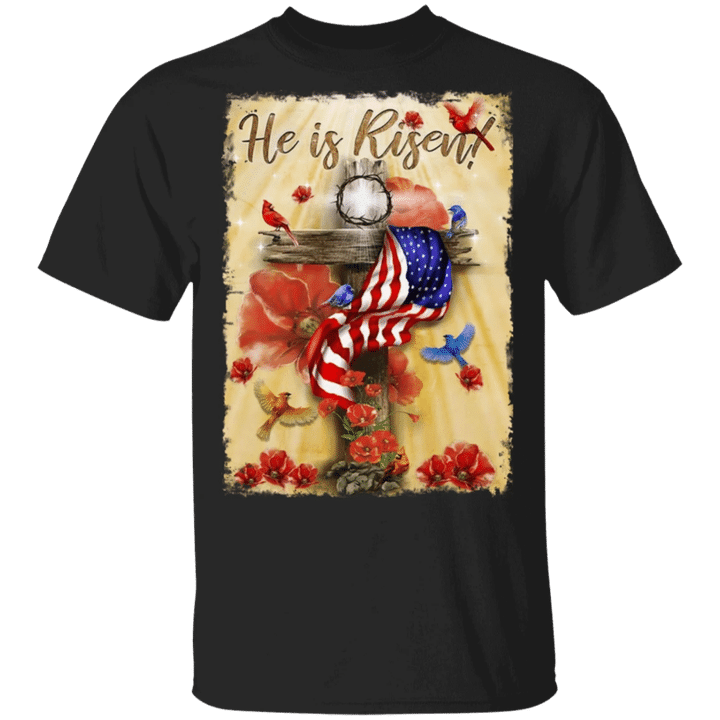 He Is Risen Cross American Flag Easter T-Shirt Christian Easter Shirt Gift For Adult - Pfyshop.com