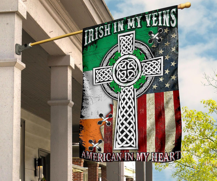 Irish In My Veins American In My Heart Flag St Patrick Day Celtic Knot Cross Irish Root Flag
