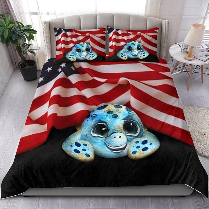 Turtle American Bedding Set Cute Bed Comforter Patriotic Gift Ideas For Him Her