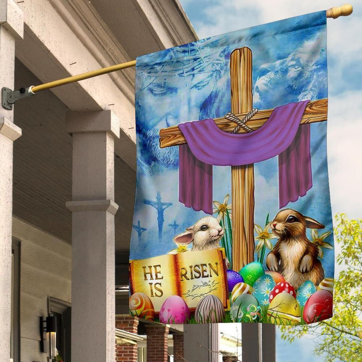 He Is Risen Cross Flag Jesus Christ Bunny Egg Easter Flag Easter Decoration 2021 Idea - Pfyshop.com