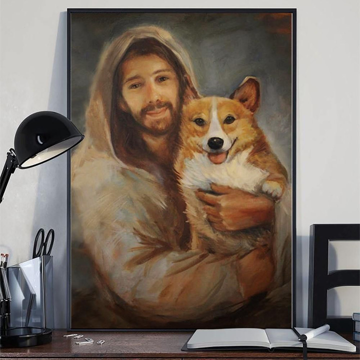 Corgi With Jesus Poster Jesus Hobby Lobby Christian Wall Decor Corgi Dog Lovers - Pfyshop.com