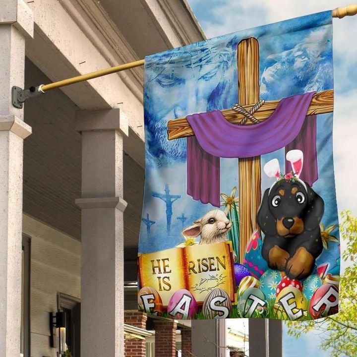 Dachshund Cross He Is Risen Bunny Easter Flag Jesus Cute Easter Banner Christian Decoration - Pfyshop.com