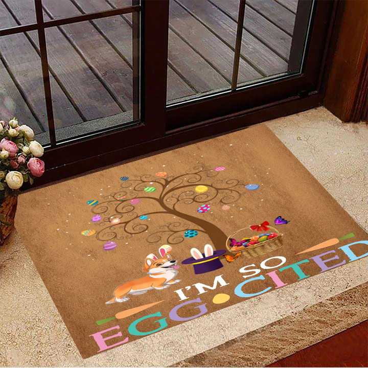 Corgi Happy Easter I'm So Egg-cited Doormat Funny Pun Indoor Outdoor Decor New Home