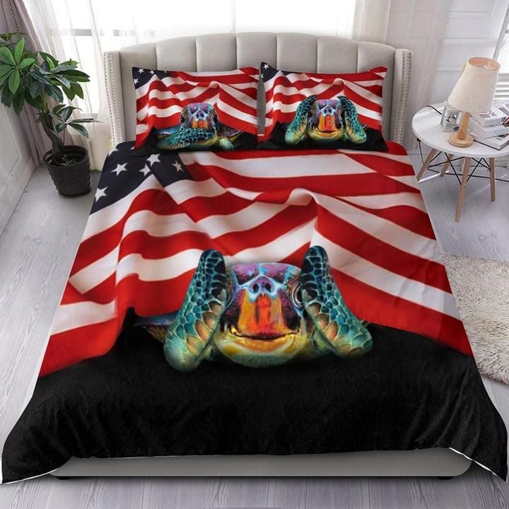 Turtle American Flag Bedding Set Patriotic Unique Father's Day Gift For Turtle Lovers