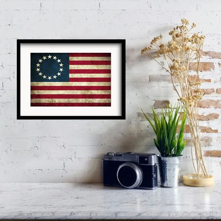 Betsy Ross Flag Framed Art Print Antique 13 Stars U.S History American Revolution War Decor