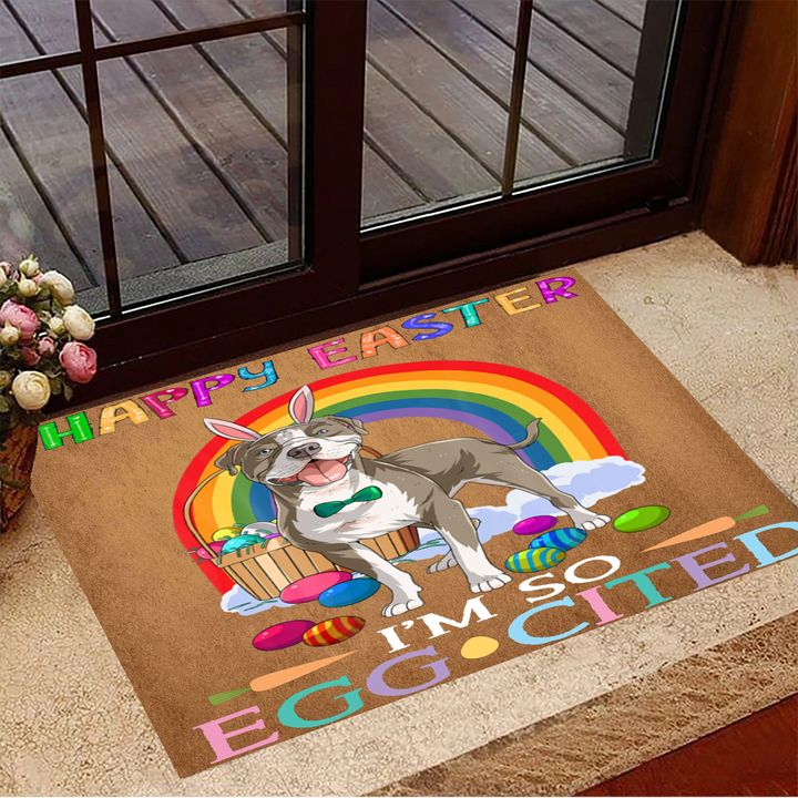 American Pitbull Happy Easter I'm So Egg-cited Doormat Funny Pun Indoor Outdoor Decor Gift For Dog Lovers