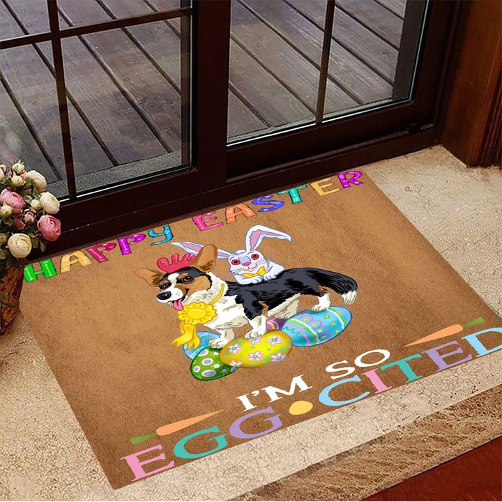 Corgi Happy Easter I'm So Eggcited Doormat Easter Egg Decor Easter Gift For Dog Lovers