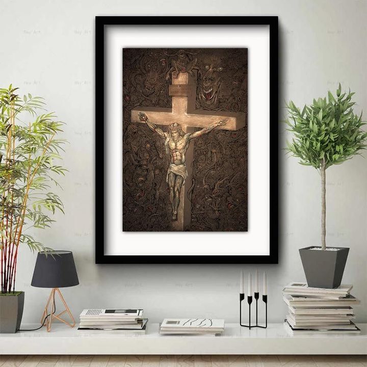 Jesus On Cross With Demon Framed Art Print Jesus Wall Art Decor Christian Easter Decoration - Pfyshop.com