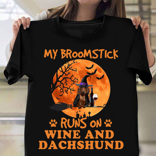 My Broomstick Runs On Wine And Dachshund Shirt Blood Moon Halloween T-Shirts Halloween Presents