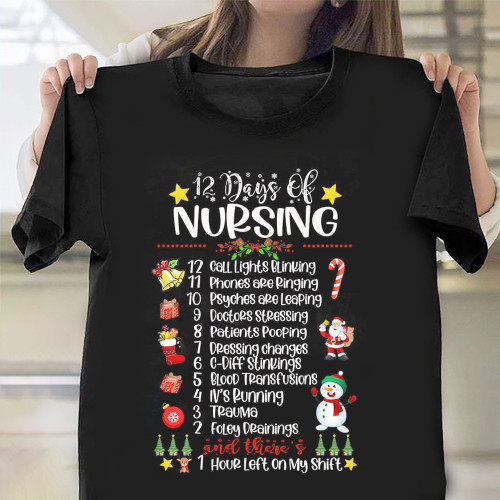 12 Days Of Nursing T-Shirt Funny Nurse Christmas Shirt Gift For Nurse Coworkers