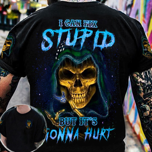 US Air Force I Can Fix Stupid But It's Gonna Hurt Shirt Thin Green Line Skull T-Shirt Gift