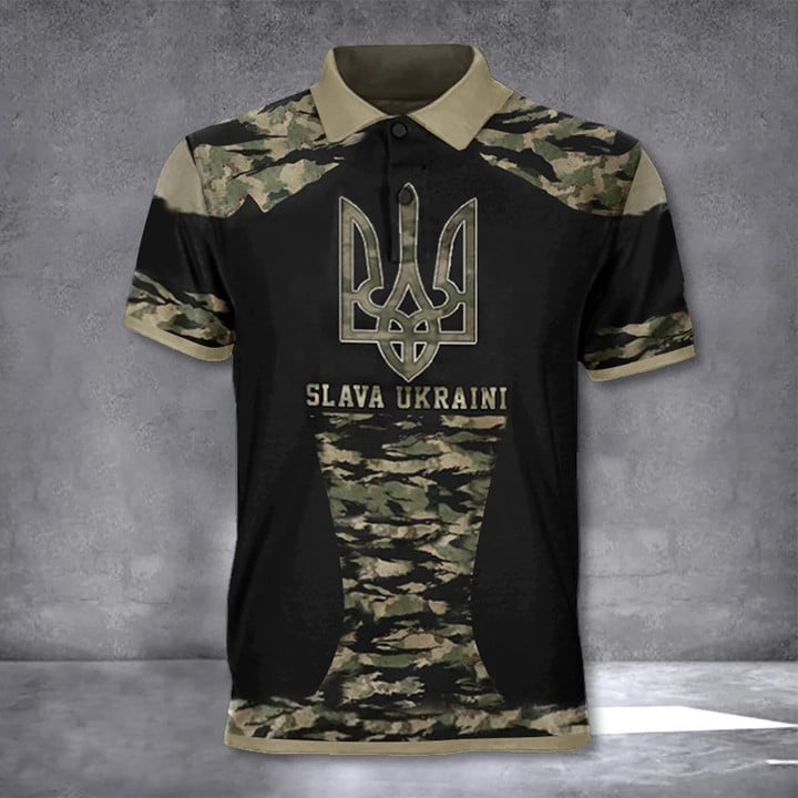 Stand With Ukraine Slava Ukraini Camo Polo Shirt Support Ukraine Clothes
