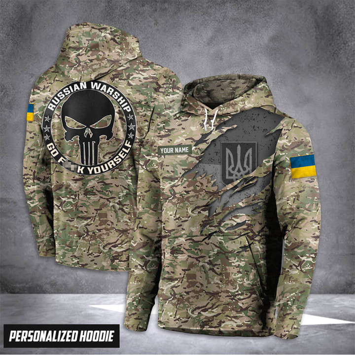 Personalized Stand With Ukraine Hoodie Russian Warship Go Fuck Yourself Camouflage Clothing