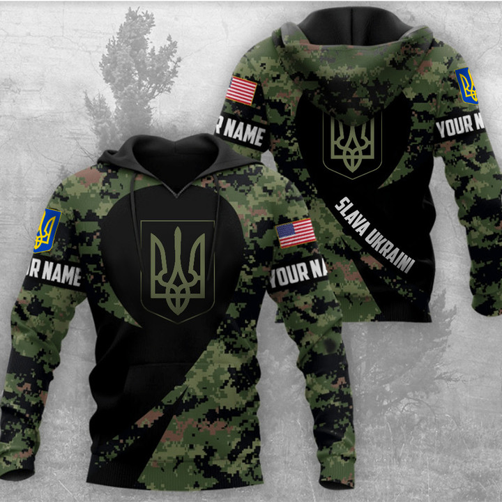 Personalized USA Stands With Ukraine Slava Ukraini Camo Hoodie Trident Ukraine Symbol Clothing
