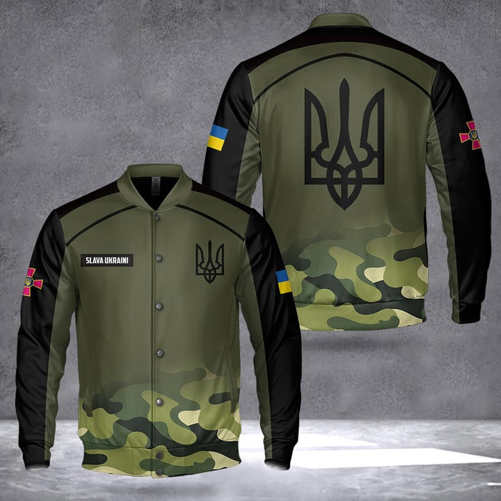 Slava Ukraini Camo Baseball Jacket Army Ukraine Flag Trident Camouflage Print Apparel
