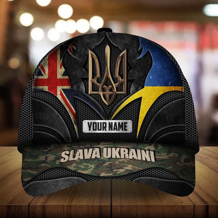 Personalized UK Stands With Ukraine Hat Mens Slava Ukraini Camo Merch