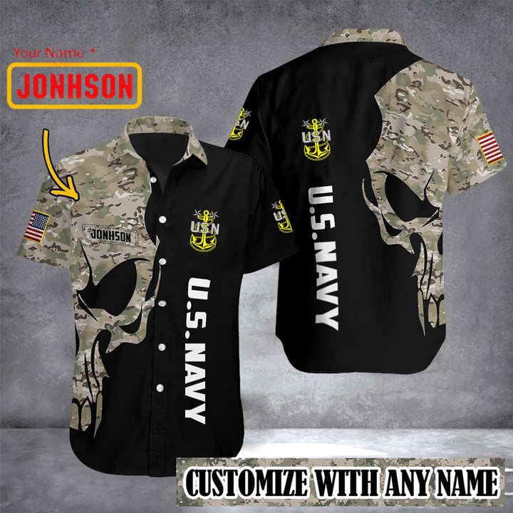 Personalized US Navy Hawaii Shirt USN Camo Button Up Shirt Gifts For Navy Veterans